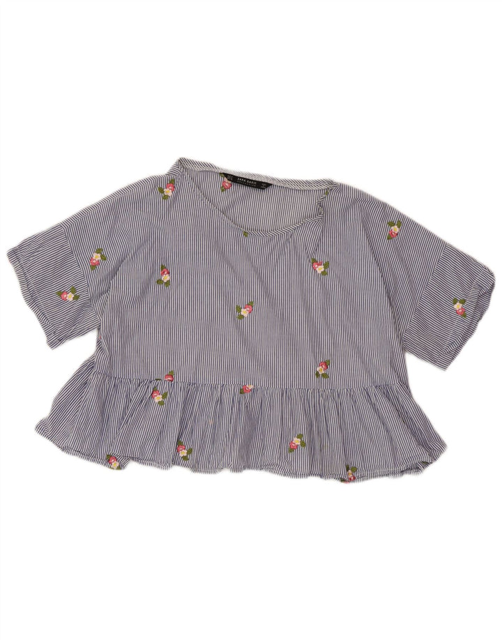 Blusa cropped feminina ZARA UK 14 risca de giz azul médio