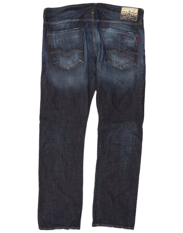 Replay Mens Straight Jeans W36 L32 Azul Marinho Algodão