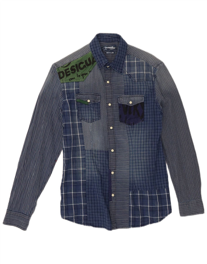 DESIGUAL Camiseta masculina regular fit gráfica pequena azul patchwork algodão