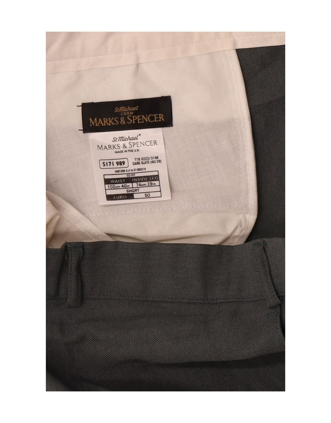 Calça chino reta masculina Marks & Spencer W40 L29 poliéster cinza