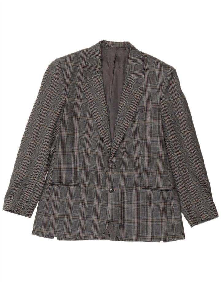 Jaqueta blazer masculina vintage com 2 botões IT 50 grande lã virgem xadrez cinza