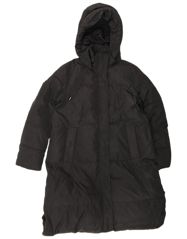 Casaco acolchoado com capuz feminino Zara UK 16 grande poliéster preto