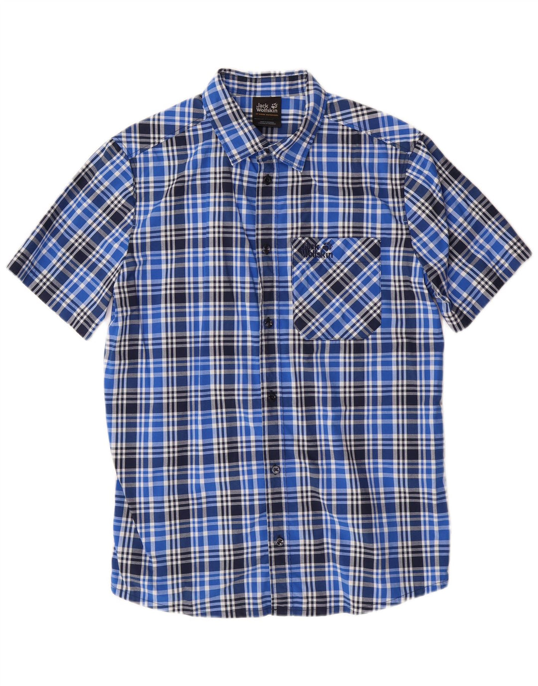JACK WOLFSKIN Camisa masculina de manga curta Reino Unido 36/38 pequena azul xadrez poliamida
