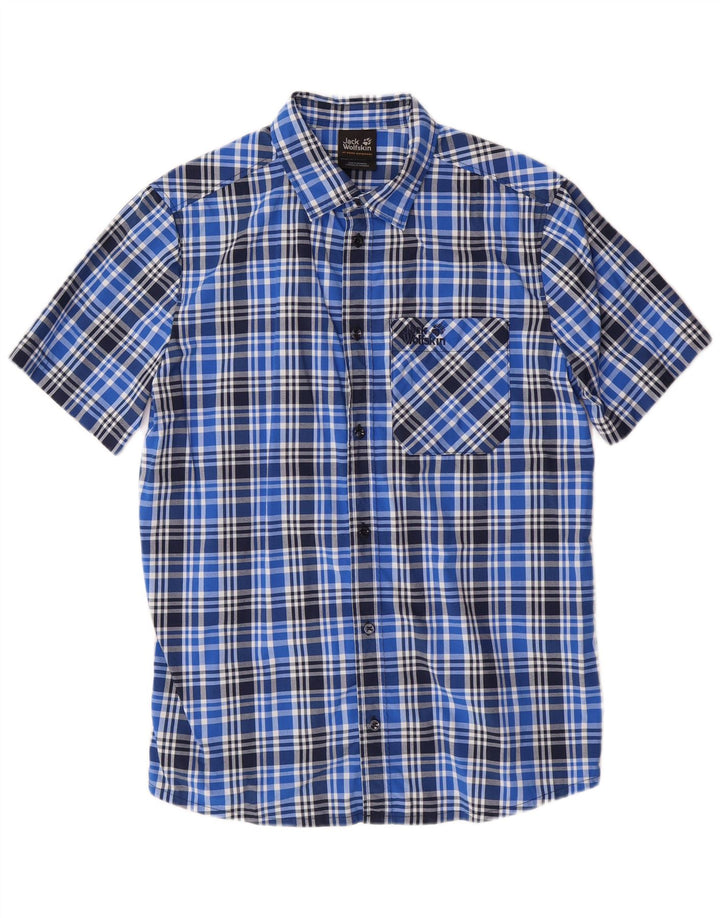 JACK WOLFSKIN Camisa masculina de manga curta Reino Unido 36/38 pequena azul xadrez poliamida