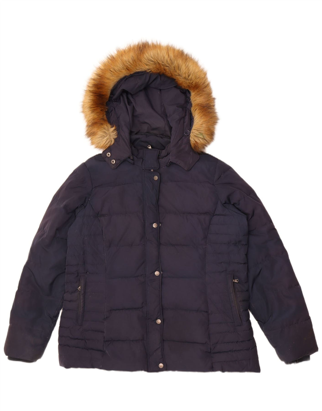 Jaqueta acolchoada com capuz feminina da Crew Clothing, poliéster azul marinho grande Reino Unido 16