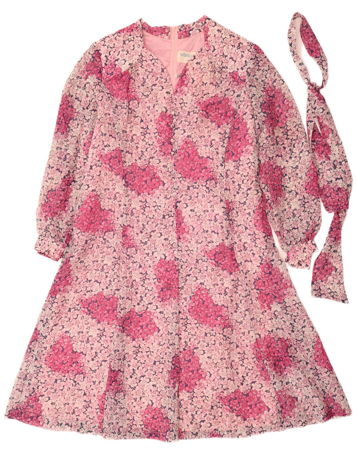 Vestido feminino VINTAGE manga comprida linha A EU 44 XL rosa floral poliéster