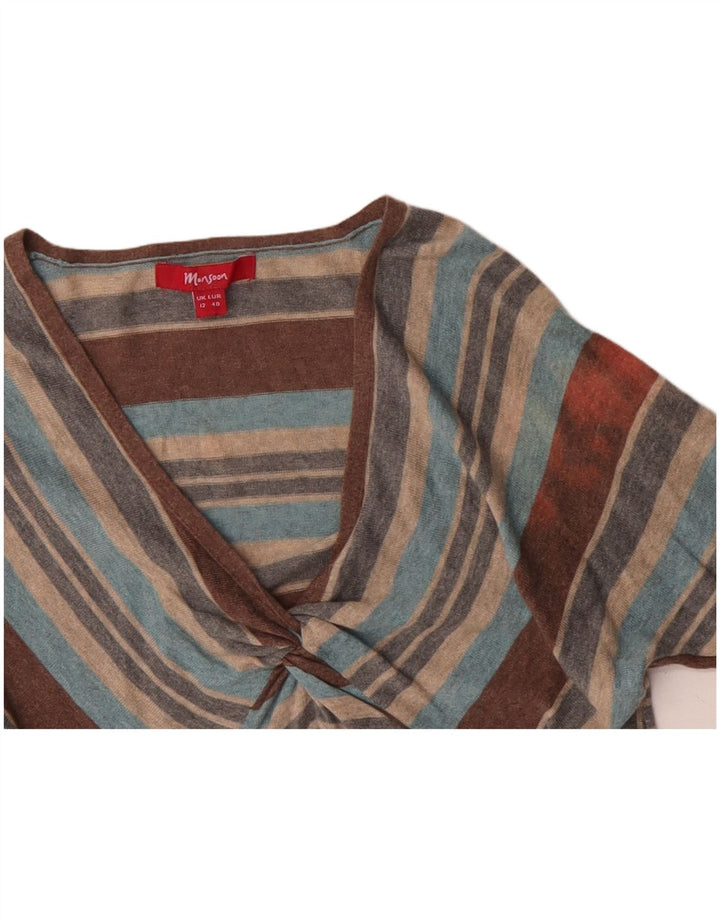 Suéter feminino MONSOON com decote em V UK 12 médio listrado multicolorido