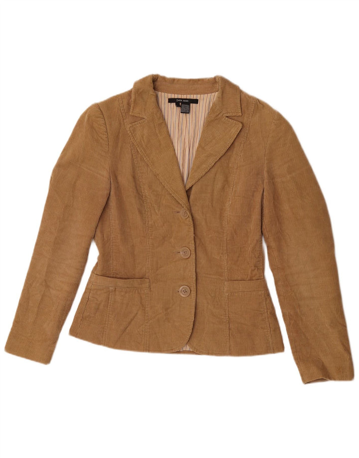 Zara Jaqueta blazer feminina de veludo cotelê com 3 botões Reino Unido 12 algodão marrom médio