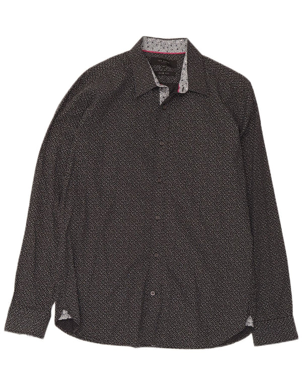 Camisa masculina Ted Baker com padrão abstrato slim fit tamanho 15 1/2 preto médio