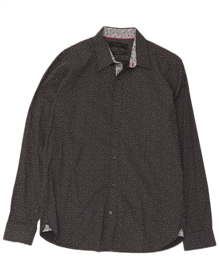 Camisa masculina Ted Baker com padrão abstrato slim fit tamanho 15 1/2 preto médio