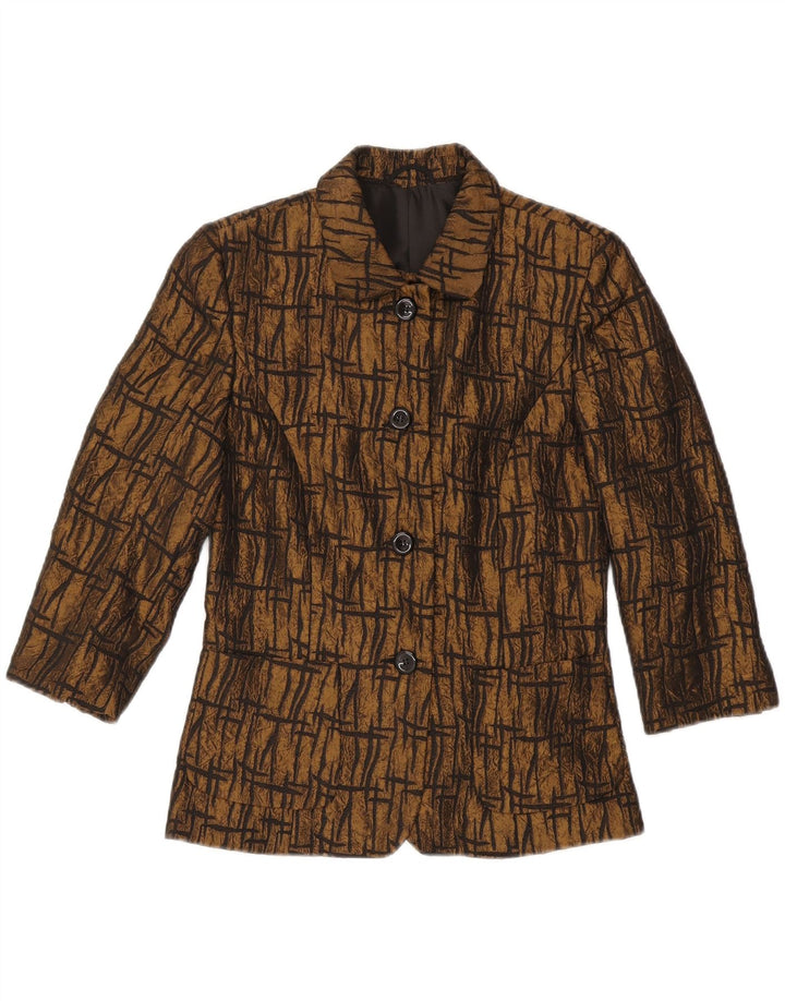 Jaqueta blazer feminina VINTAGE manga 3/4 UK 10 pequena marrom geométrica