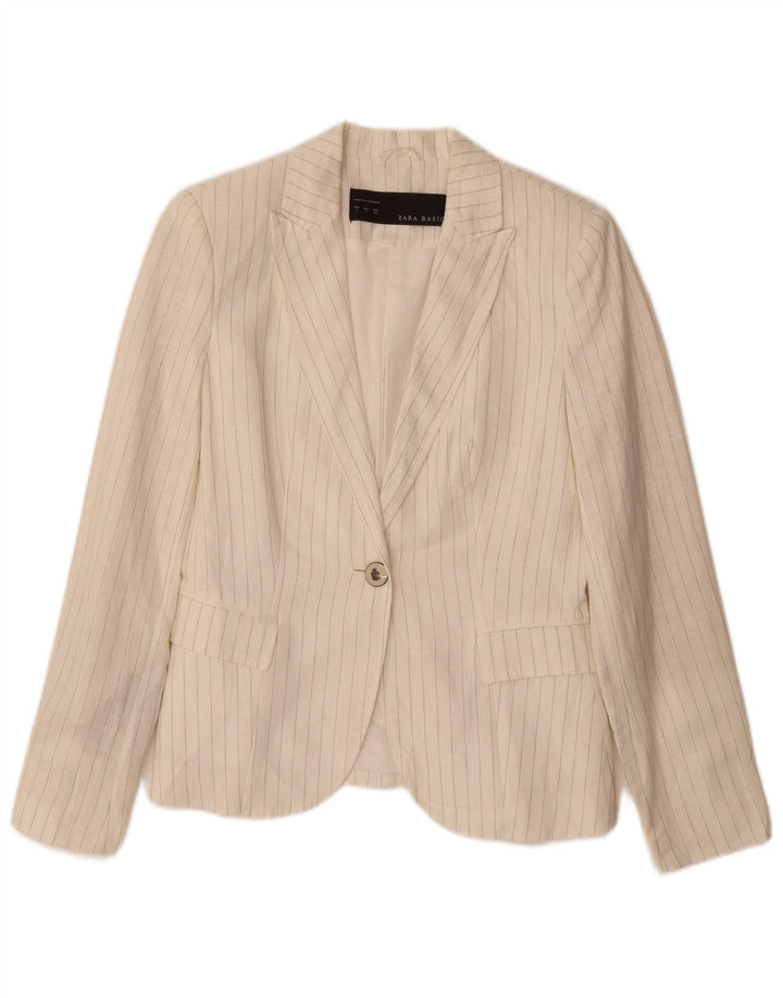 Jaqueta blazer feminina ZARA com 1 botão Reino Unido 10 pequeno linho listrado branco