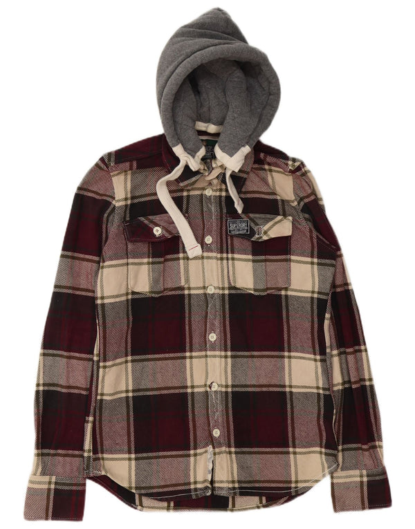 Camisa masculina Superdry de flanela com capuz, algodão xadrez médio Borgonha