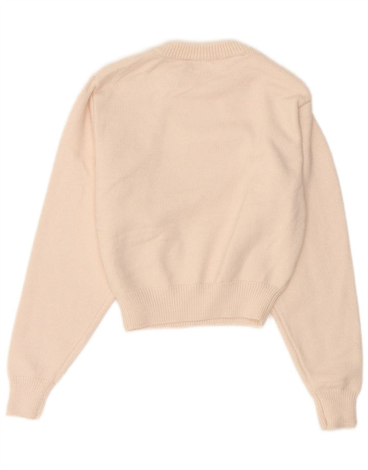 Suéter feminino vintage com gola redonda e gola redonda UK 14 médio off white