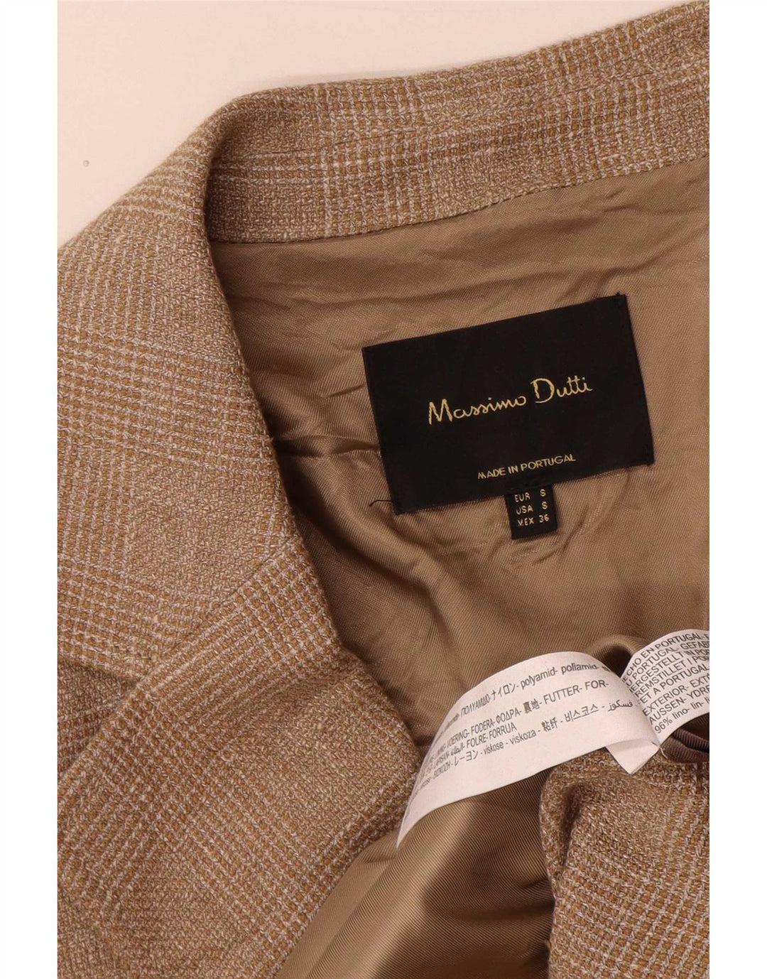 Casaco masculino Massimo Dutti manga 3/4 com peito duplo Reino Unido 36 pequeno xadrez marrom