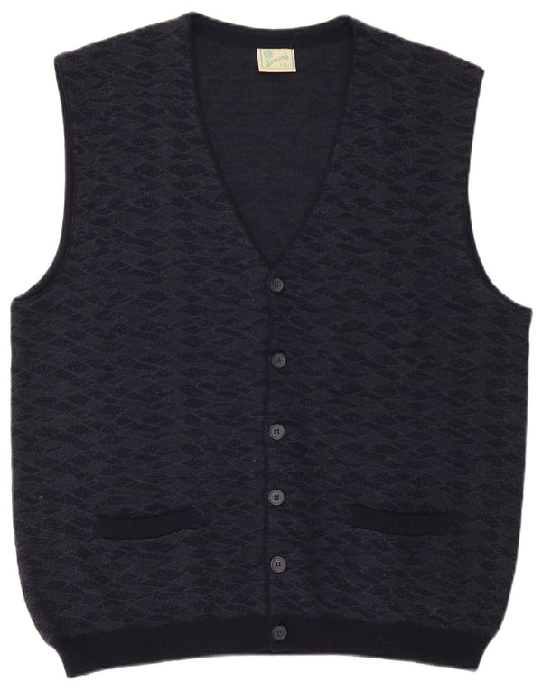Suéter cardigã masculino vintage sem mangas 2XL lã geométrica azul marinho