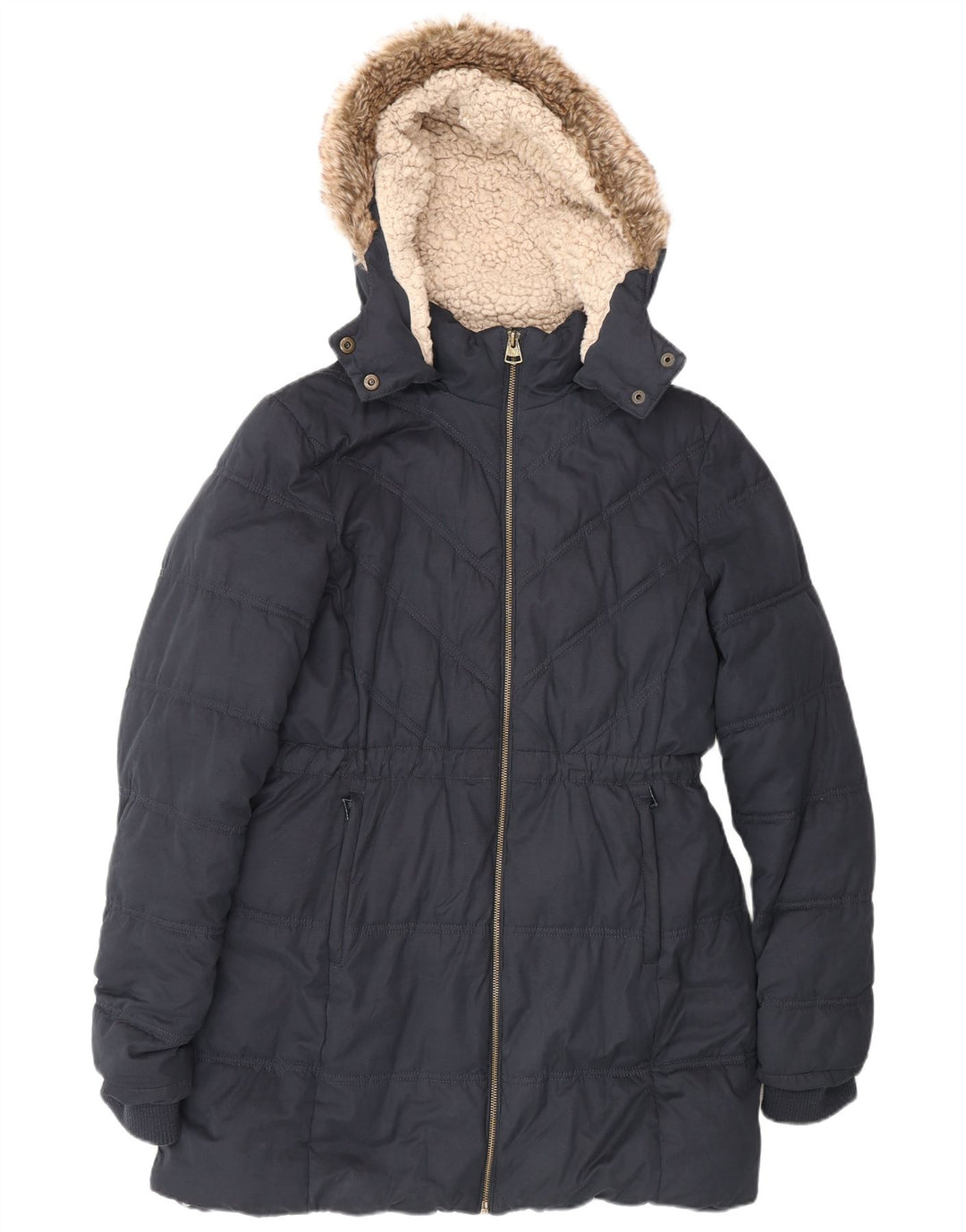 Casaco acolchoado sherpa com capuz feminino Fat Face UK 12 poliéster azul marinho médio
