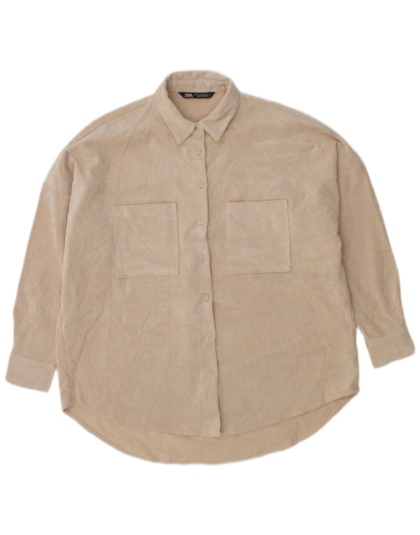 Zara Camisa feminina de veludo oversized UK 6 XS Poliéster bege
