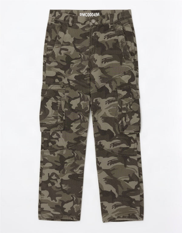 Calças cargo retas masculinas vintage W33 L32 algodão camuflado verde