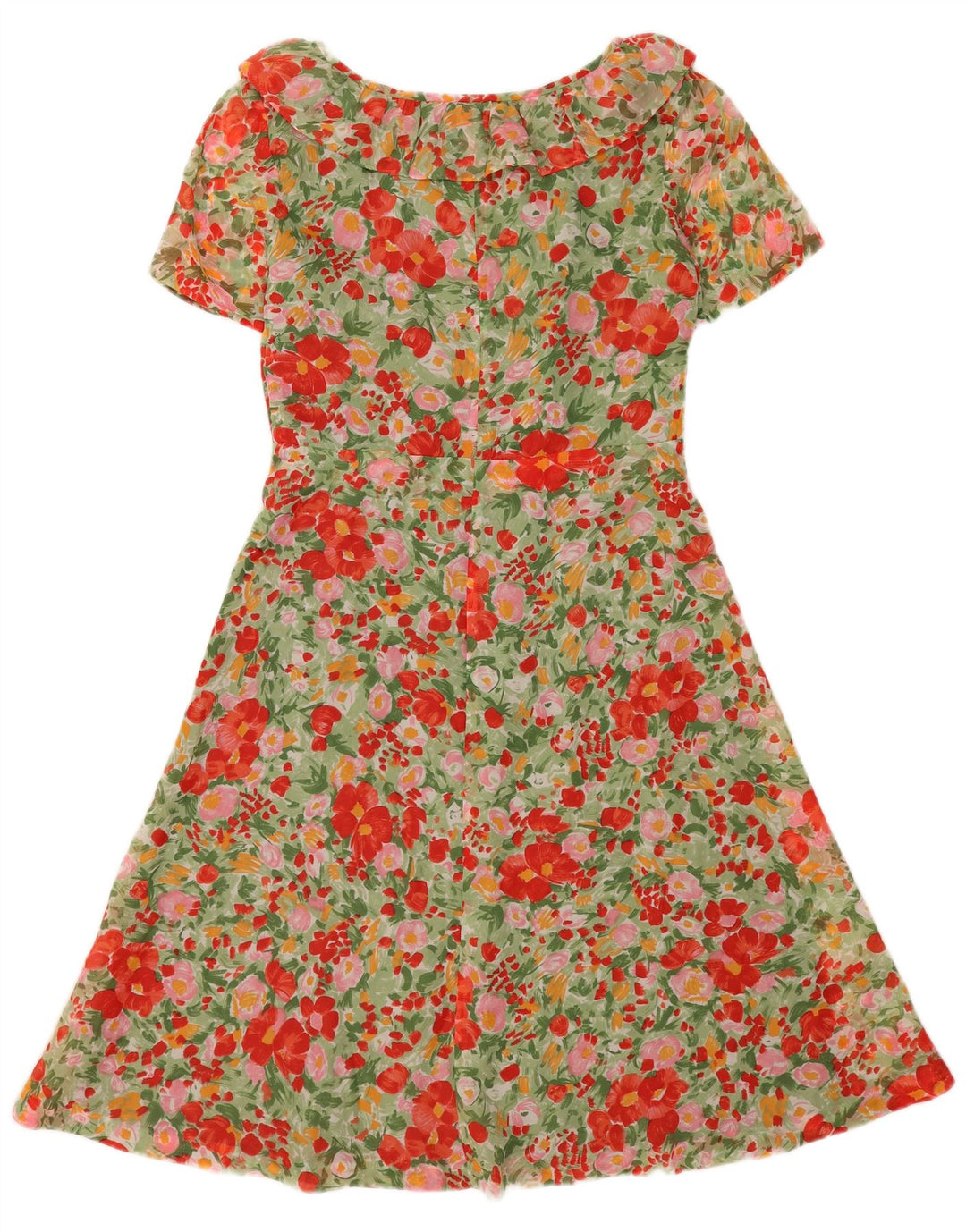 Vestido vintage feminino evasê UK 12 médio floral multicolorido poliamida