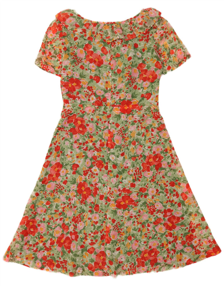 Vestido vintage feminino evasê UK 12 médio floral multicolorido poliamida