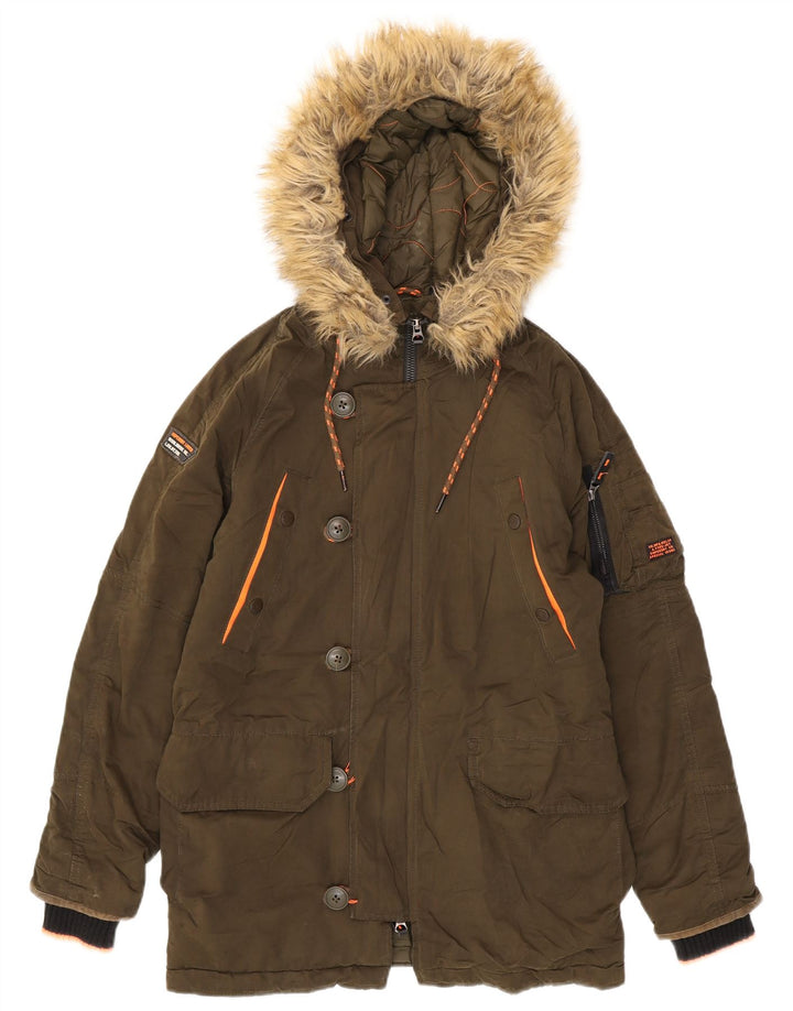 Jaqueta Parka com capuz superdimensionada feminina Superdry Reino Unido 6 XS cáqui poliéster