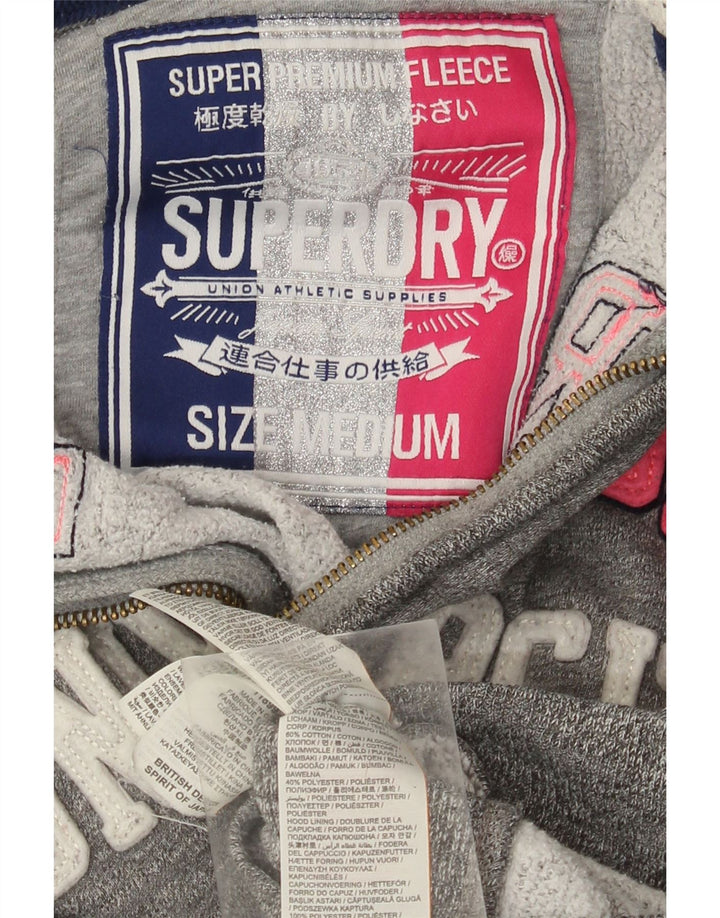 Suéter feminino SUPERDRY com capuz e zíper gráfico Reino Unido 14 algodão cinza médio