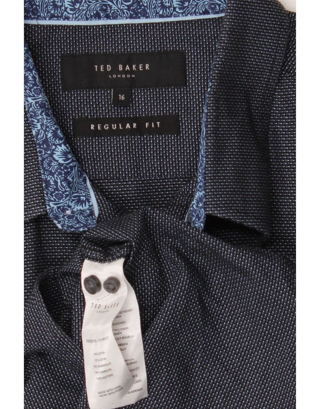 Camisa masculina TED BAKER de ajuste regular tamanho 16 grande algodão manchado azul marinho