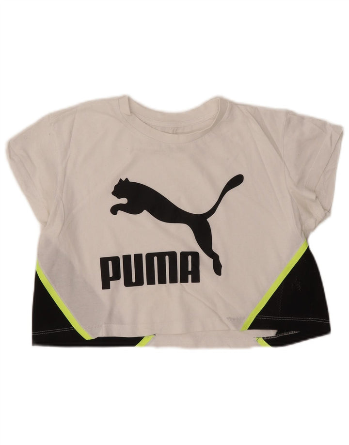 Camiseta feminina PUMA Crop Oversized Graphic UK 2 2XS Branco Colourblock