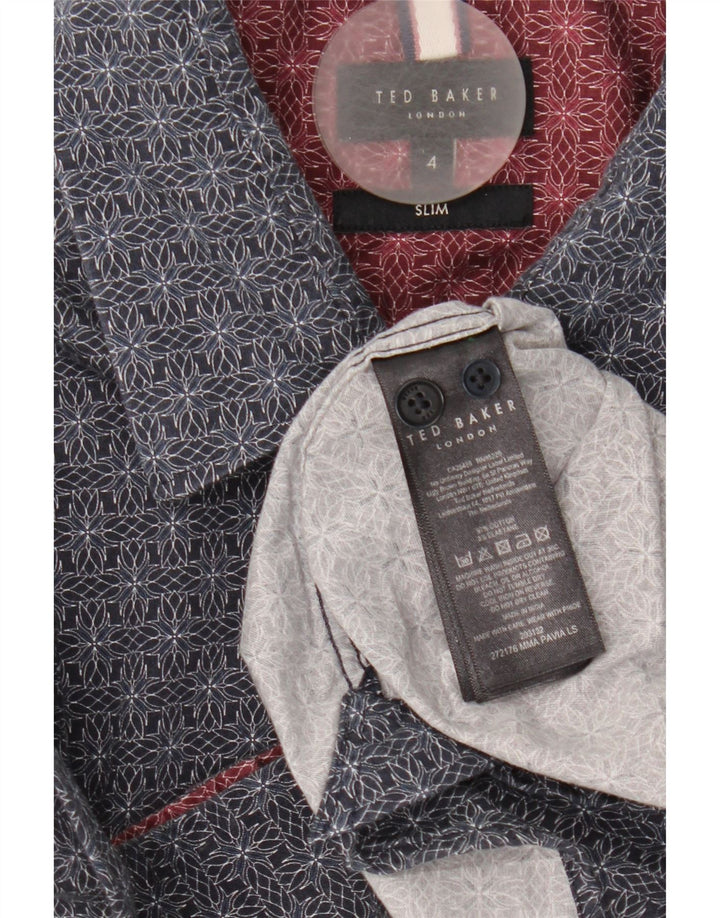 Camisa masculina Ted Baker Slim Fit tamanho 4 grande algodão geométrico azul marinho