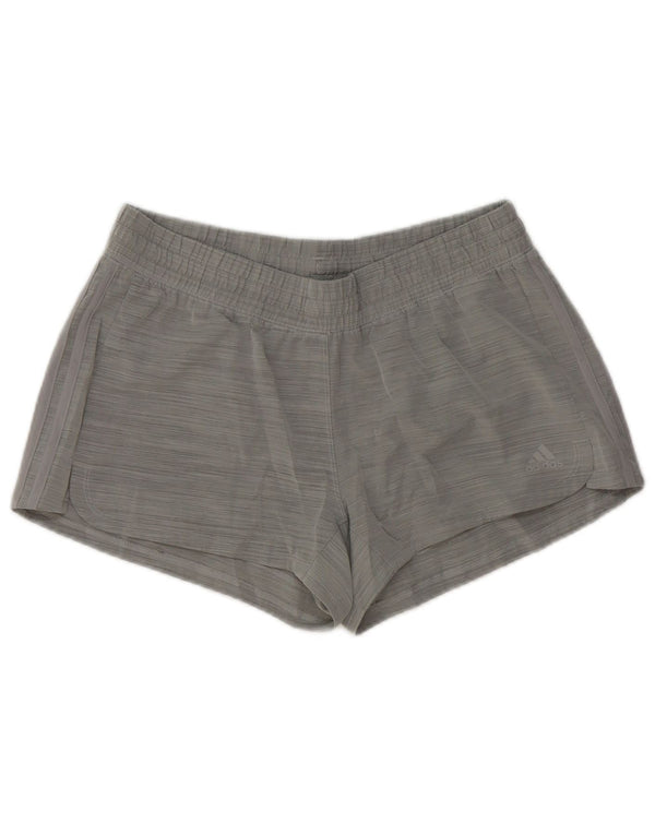 Shorts esportivos femininos Adidas UK 12/14 poliéster listrado cinza médio
