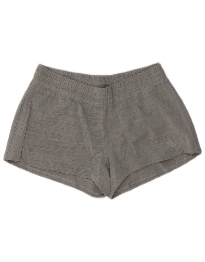 Shorts esportivos femininos Adidas UK 12/14 poliéster listrado cinza médio
