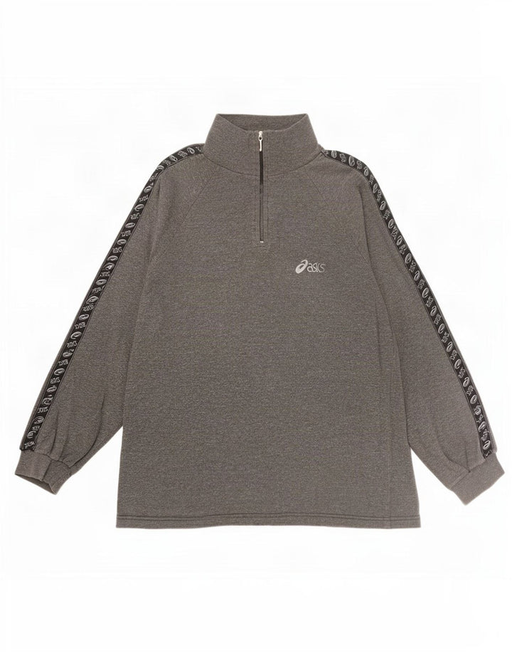Asics Mens Zip Neck Graphic Top Manga Longa Pequeno Colourblock Cinza
