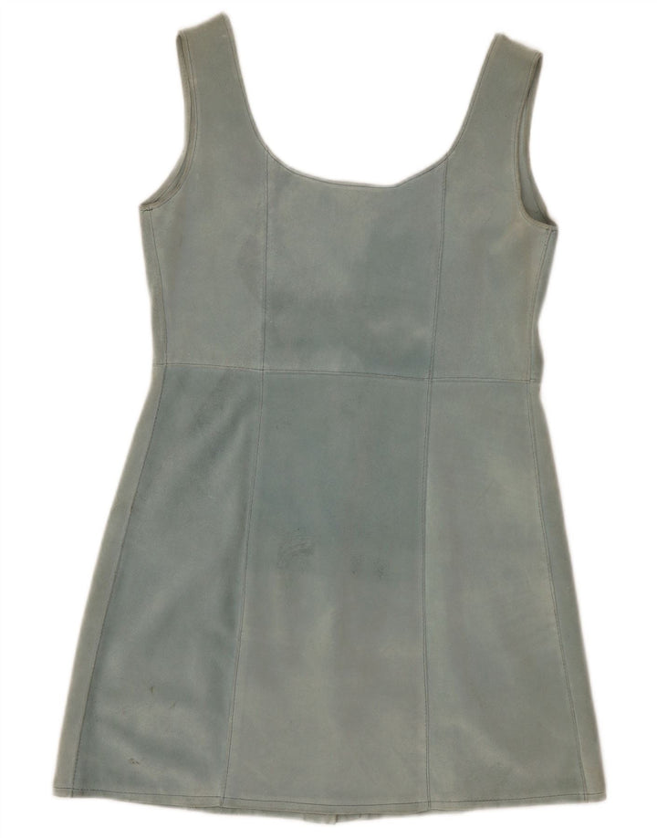 Túnica feminina vintage de camurça sem mangas Reino Unido 12 couro azul médio