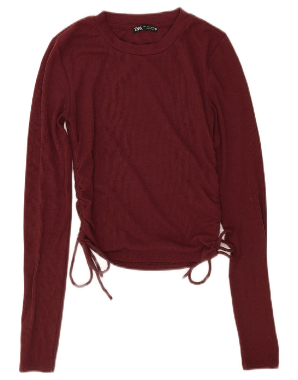 Zara Crop Top Feminino Manga Longa UK 10 Pequeno Poliéster Borgonha