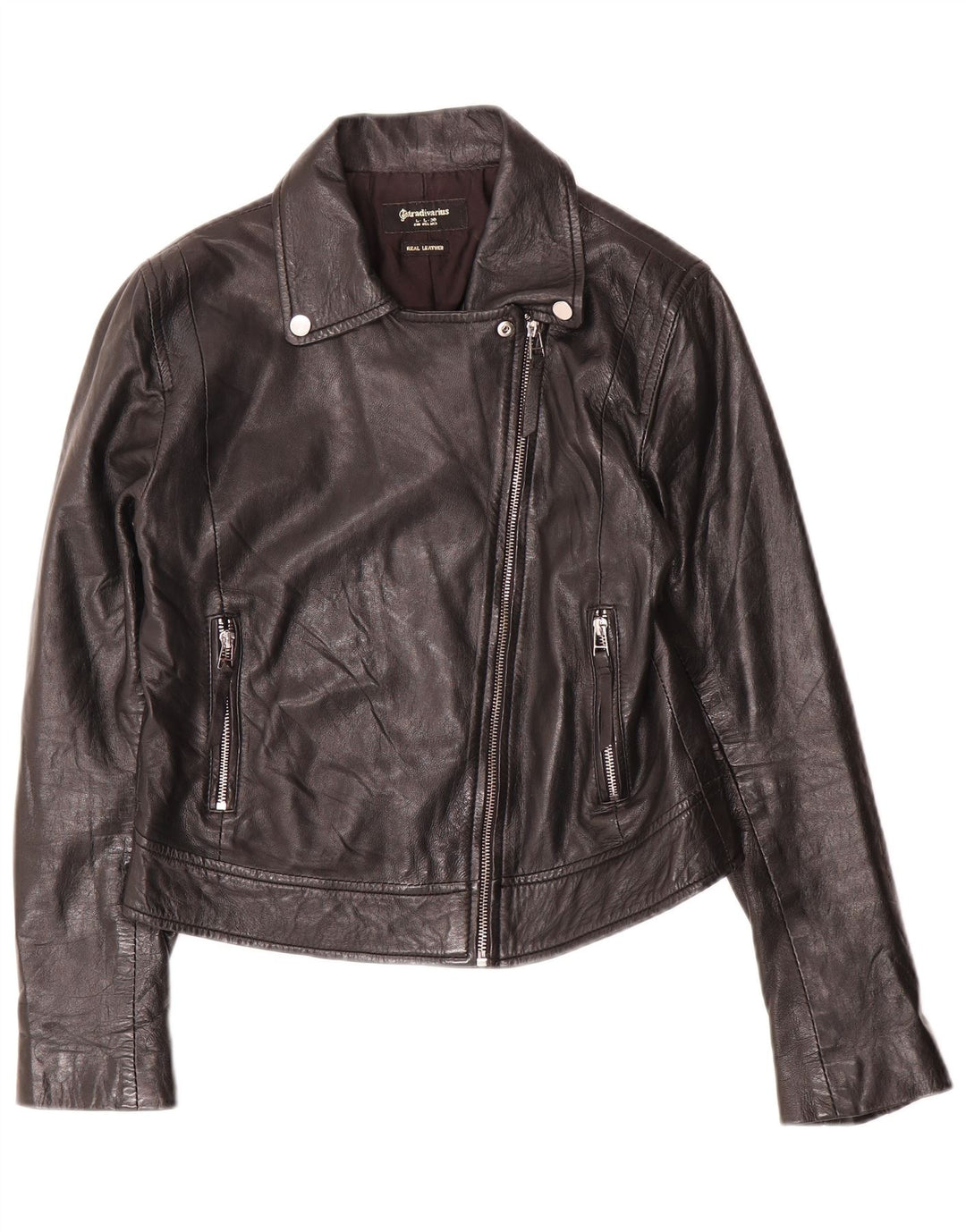 Jaqueta de couro feminina Stradivarius UK 14 grande couro preto