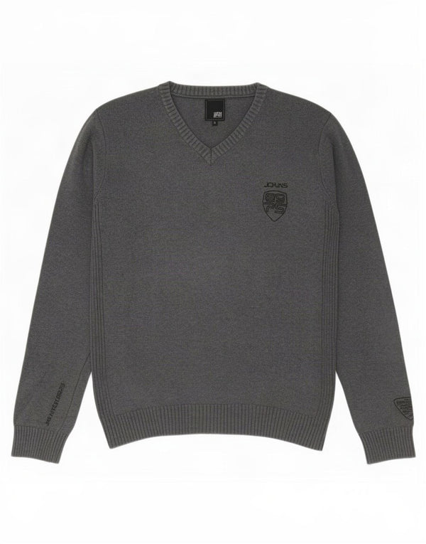 Suéter masculino Jack & Jones com decote em V de algodão cinza médio