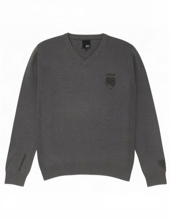 Suéter masculino Jack & Jones com decote em V de algodão cinza médio