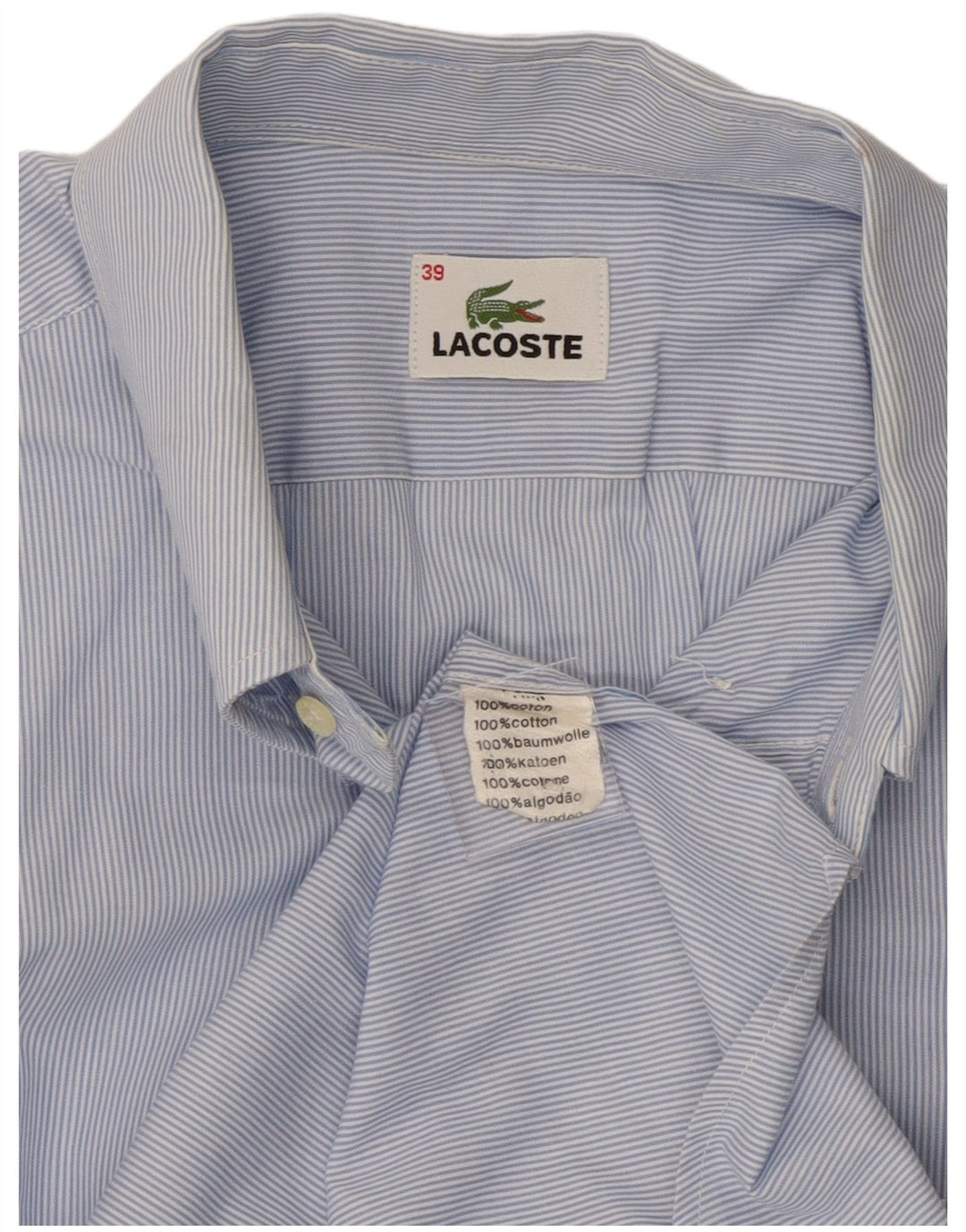 Lacoste Camisa masculina de manga curta tamanho 39 algodão risca de giz azul médio