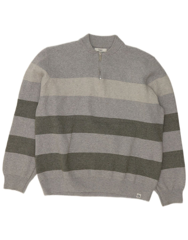 Suéter masculino Marks & Spencer com zíper e gola 2XL algodão listrado cinza