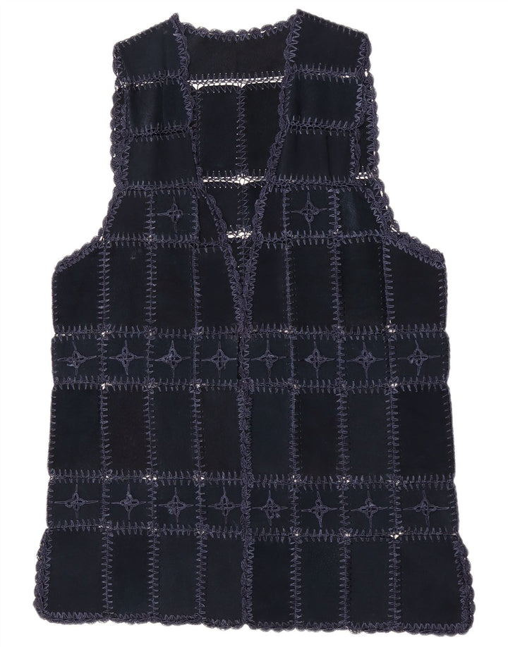 Colete feminino vintage de camurça UK 14 patchwork azul marinho médio