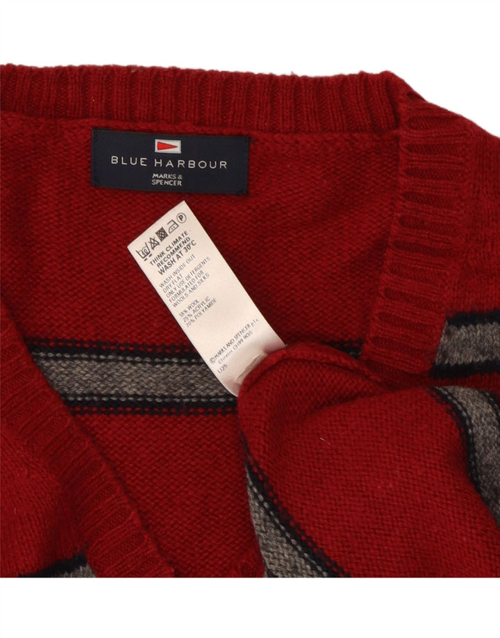 Suéter masculino Marks & Spencer Blue Harbor com decote em V grande listrado vermelho