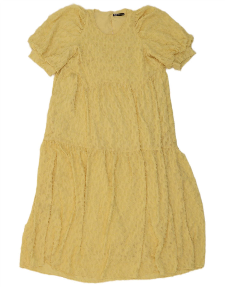 Vestido feminino Zara com estampa abstrata em camadas UK 12 poliéster amarelo médio