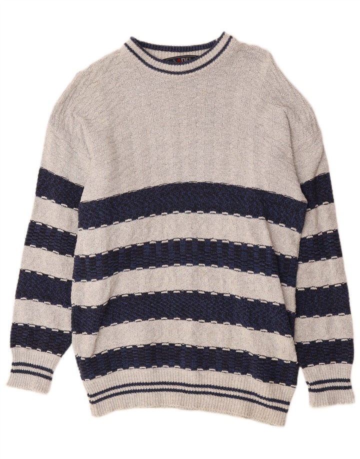 Suéter vintage masculino com gola redonda e bloco colorido cinza médio