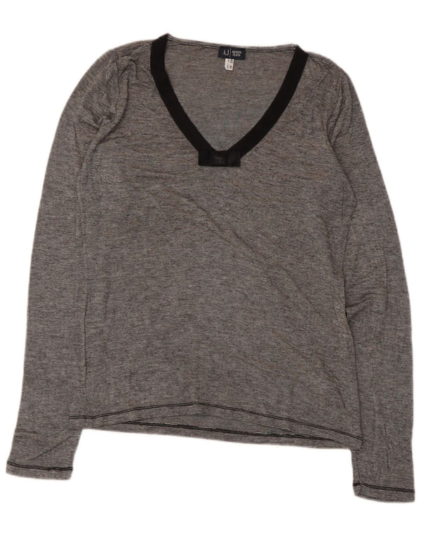 Top feminino Armani Jeans manga comprida UK 12 cinza médio listrado viscose