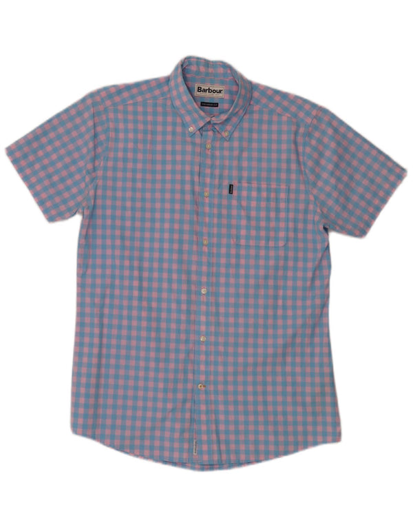 Camisa masculina Barbour de manga curta sob medida, algodão guingão azul médio