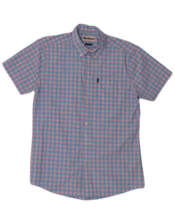 Camisa masculina Barbour de manga curta sob medida, algodão guingão azul médio