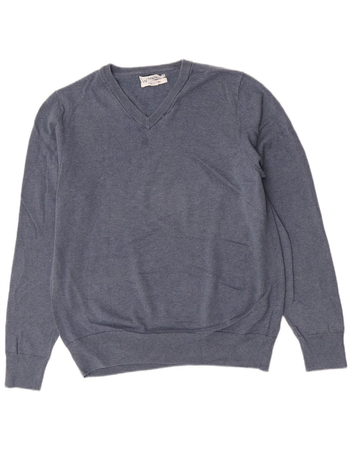 Suéter masculino Marks & Spencer com decote em V grande algodão azul