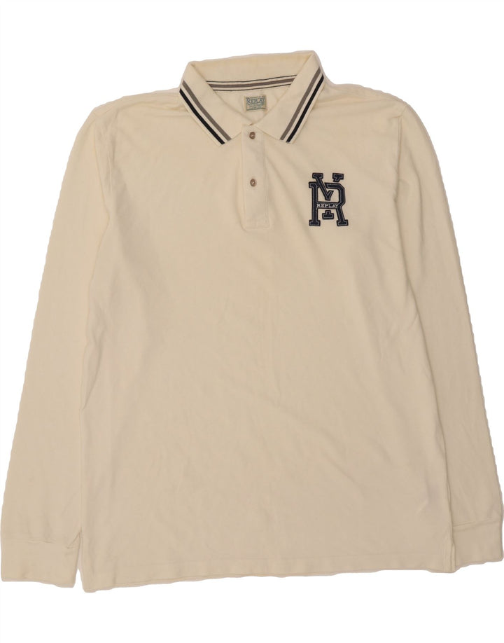 REPLAY Mens Long Sleeve Polo Shirt 2XL Off White Cotton Vintage Replay and Second-Hand Replay from Messina Hembry 