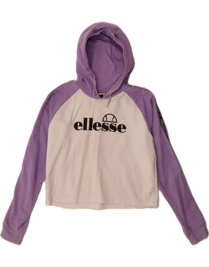ELLESSE Girls Graphic Crop Hoodie Jumper 13-14 Years Purple Colourblock Vintage Ellesse and Second-Hand Ellesse from Messina Hembry 